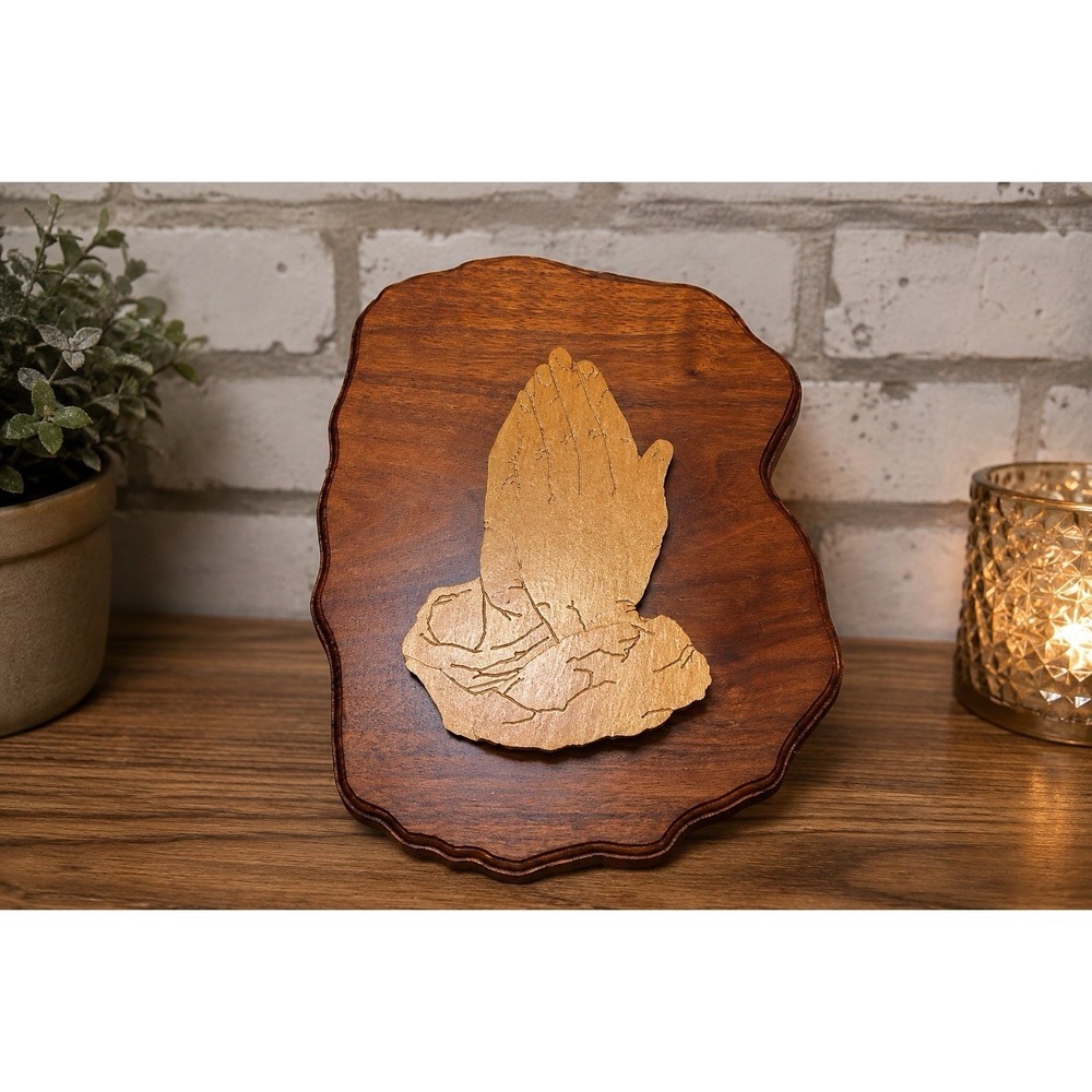 Vintage 1997 Praying Hands Wood Wall Plaque Baltic Birch Black Walnut Handmade